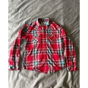 Aeropostale Mens Red Blue Plaid Western Pearl Snap Flannel Shirt Medium